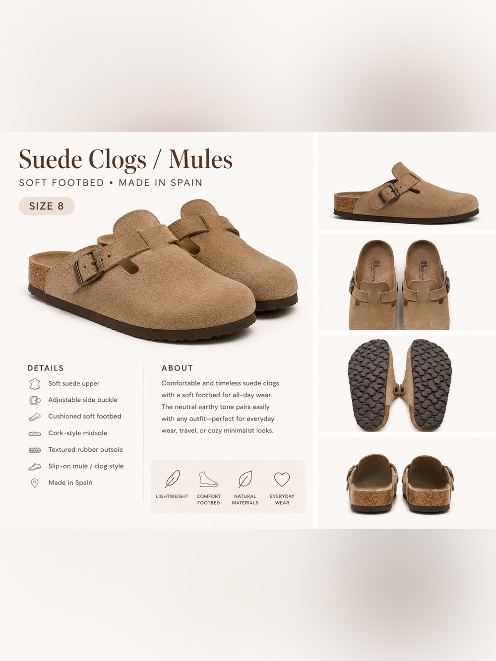 Brown Soft Footbed Suede Clogs / Mules – Size 8